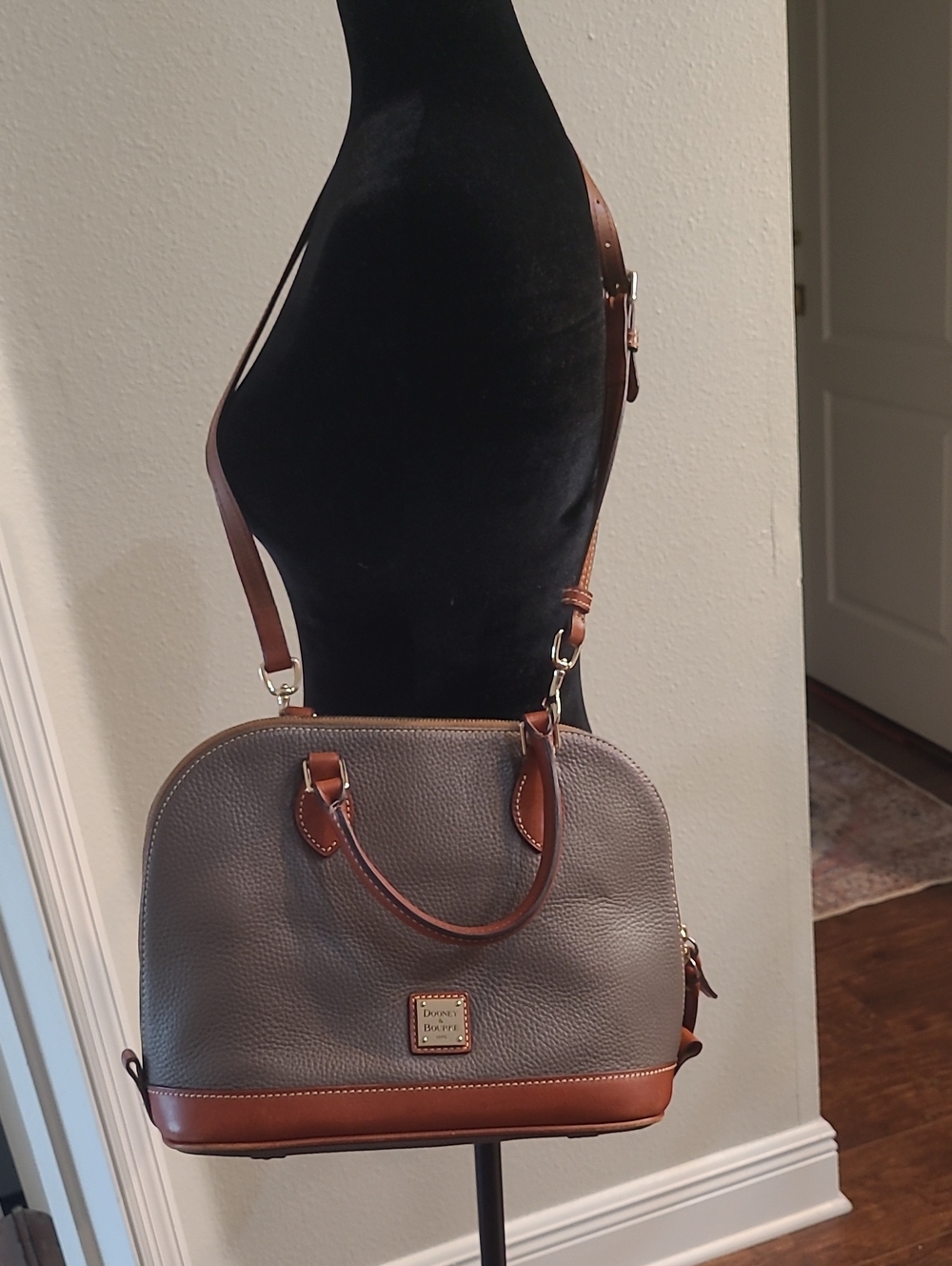 Dooney & Bourke Gray Leather Dome Satchel with Brown Trim and Strap
